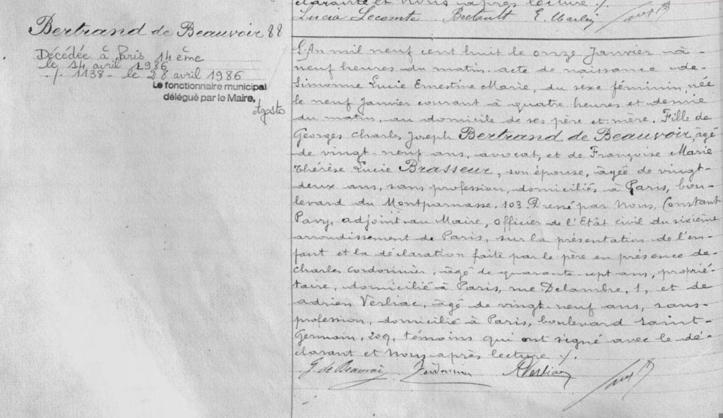 Acte de naissance de Simone de BEAUVOIR