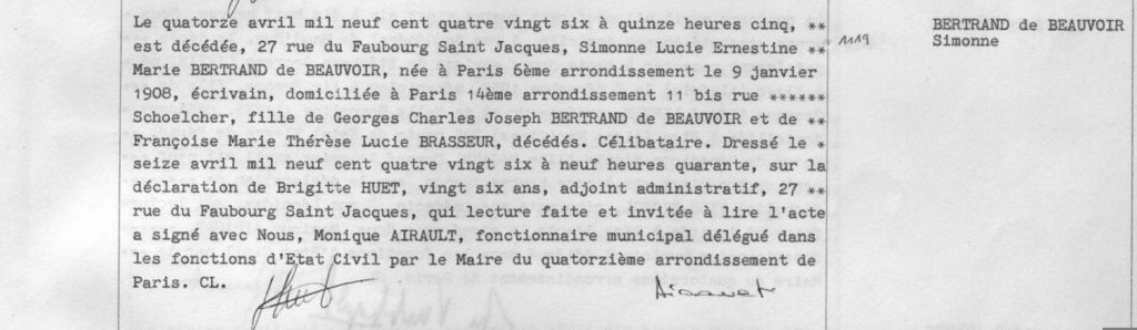Acte de décès de Simone de BEAUVOIR